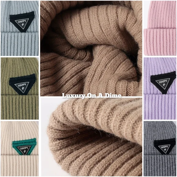 HAPPY Beanie Color Contrast Hat Ribbed Knit Minimalist Warm Toboggan Skull Cap - Picture 11 of 13